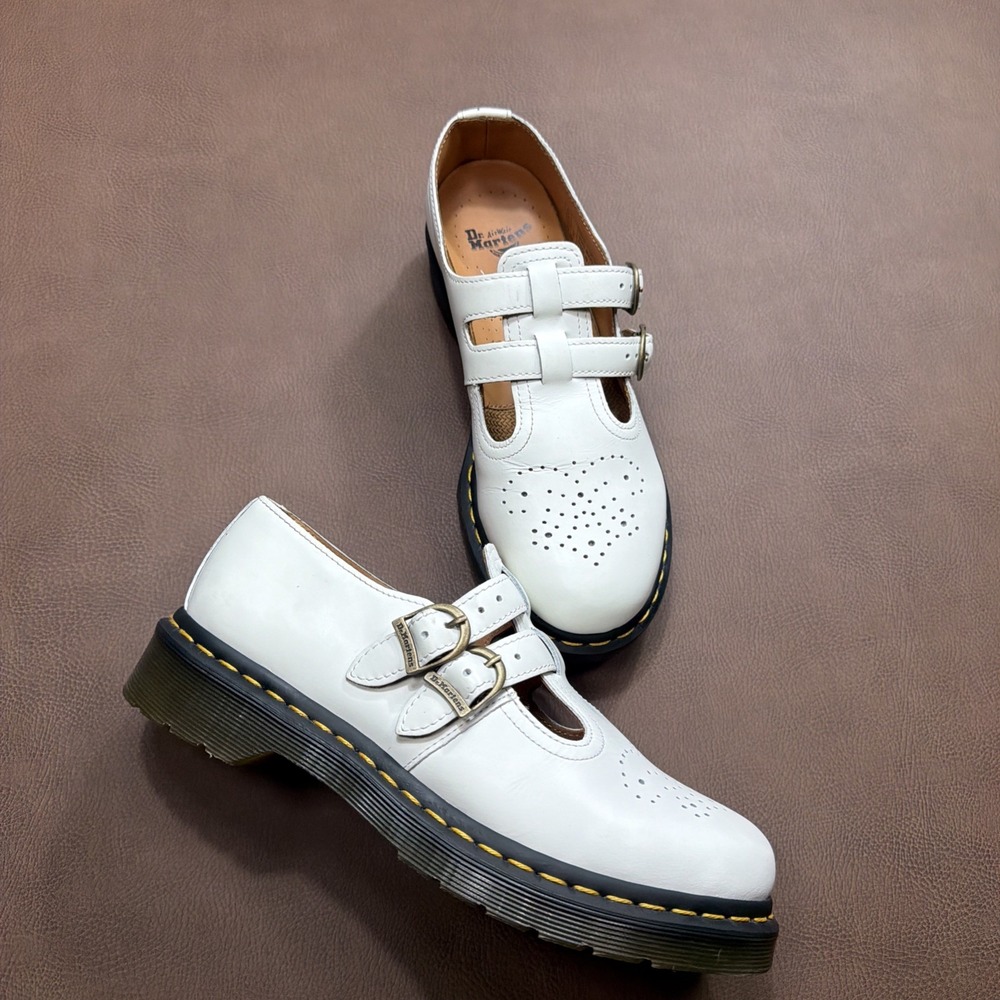 Dr. Martens Women's Mary Janes Platform Shoes White Leather Straps Size 8 US